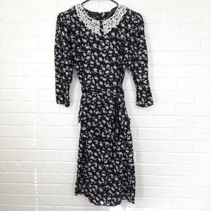 Vintage 80's By Choice Black White Rose Print Pencil Dress Lace Collar Wednesday